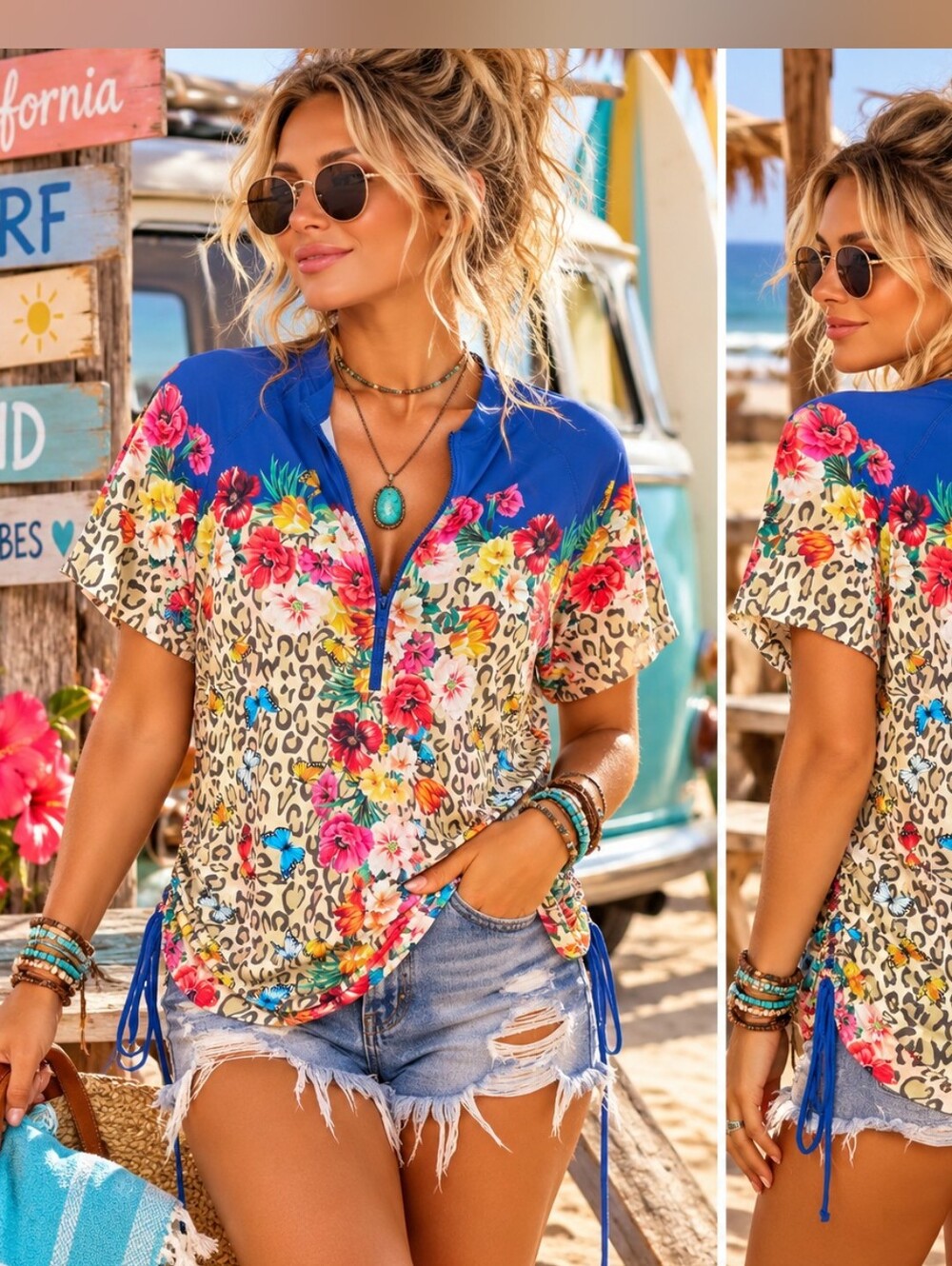 Johnny Was California XXL Floral Leopard Butterfly Zip Swim Top Rash Guard